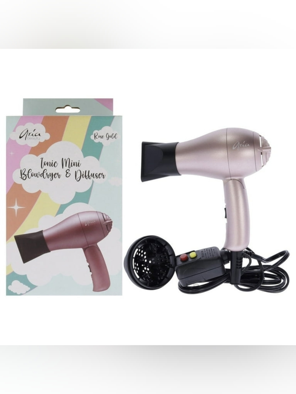 Aria Beauty Mini Blow Dryer & Diffuser, Lightweight for Travel Folding Rose Gold
